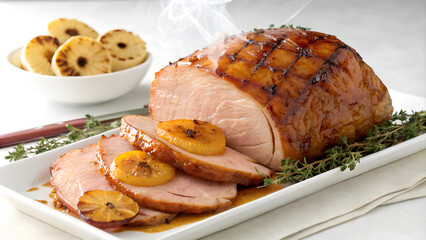 Delicious honey glazed ham with herbs and vegetables on rustic platter, festive seasonal feast with tender juicy slices, vibrant presentation for holiday gatherings,  American comfort food christmas