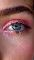 Obraz premium Eye with pink glitter eyeshadow and mascara, close-up. Concept of beauty and makeup. For makeup tutorials.