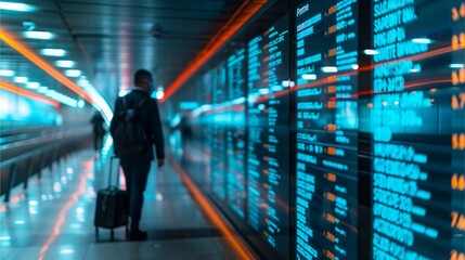 Man Walking Through a Tunnel of Data: A solitary traveler navigates a futuristic tunnel illuminated by a vibrant display of numbers and information.