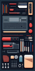 Writing and drawing tools arranged in organized pattern