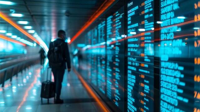 Man Walking Through a Tunnel of Data: A solitary traveler navigates a futuristic tunnel illuminated by a vibrant display of numbers and information.
