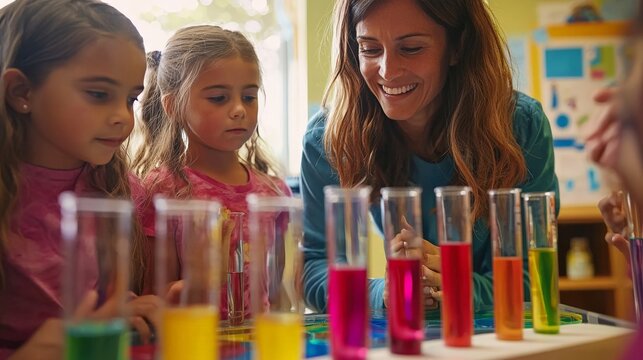 Enthusiastic elementary school teacher guiding students through a colorful science experiment with test tubes filled with brightly colored liquids, - Powered by Adobe
