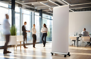 An empty roll-up display stands in a modern office with blurry people in the background, ready for advertising content