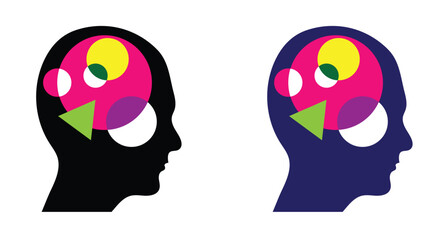 Human Head with Abstract Geometric Figures in the Brain Flat Style Background. Thinking activity, intelligence and problem brainstorming concept vector art