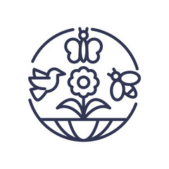 Illustration of a bird, butterfly, bee, and flower symbolizing biodiversity support.