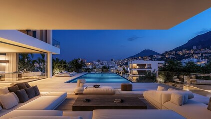 Fototapeta premium Luxury villa with infinity pool and city view at dusk.