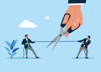 Business people play tug of war game, pulling opposite ends of rope. Finish fighting. Symbol of Financial markets. Flat vector illustration