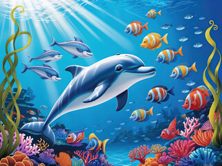 Fototapeta premium 3d Dolphin Coral Colorful Fish Under the Sea 