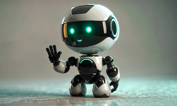 Friendly robot waving hello on a sleek surface.