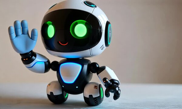 Friendly robot waving hello, showcasing advanced technology and artificial intelligence.