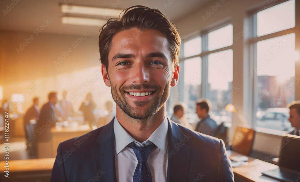 Poster Man in a suit and tie is smiling in front of a window. There are several other people in the background