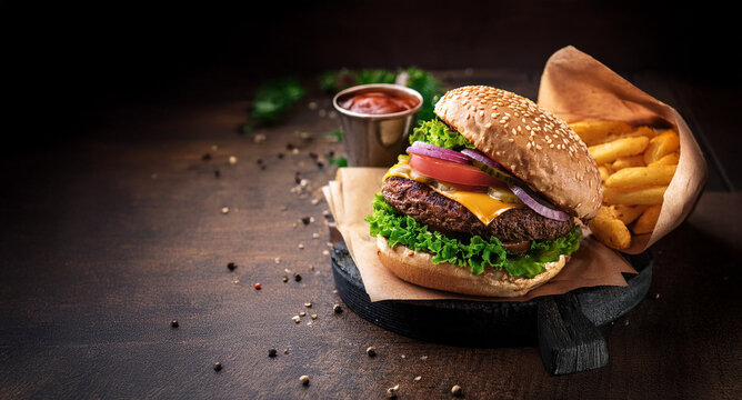 Delicioso hamburguer com fritas em cima de uma t&aacute;bua de madeira com um molho especial ao fundo 