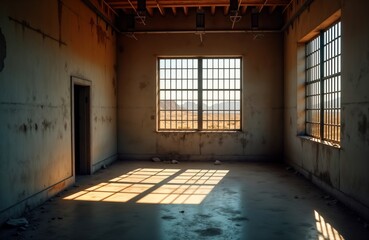 Fototapeta premium Empty jail cell interior with worn concrete walls, metal bars. Sunlit desert landscape visible through barred windows. Abandoned, desolate space. Old building with decaying walls. Deserted room