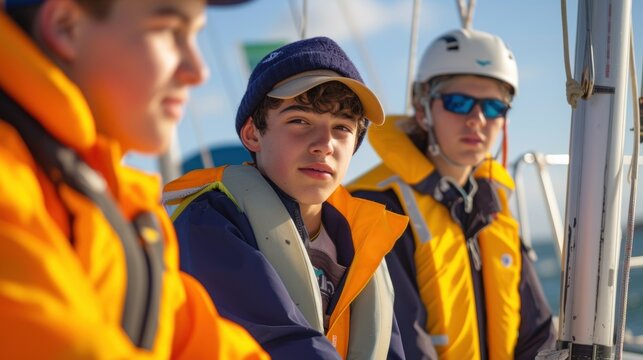 A group of young apprentices from different cultural backgrounds learning the ropes of sailing from experienced older sailors showcasing intergenerational diversity in the