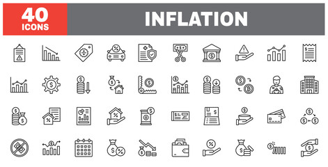 Set of 40 line icons inflation. Outline icon collection. Editable stroke. Vector illustration.