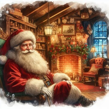 Santa Claus in his Chair - Saint Nicholas in his Christmas Home - Watercolor Winter and Christmas Setting - Greeting Card - Traditional Dickens Style Nostalgic Victorian Painted Illustration