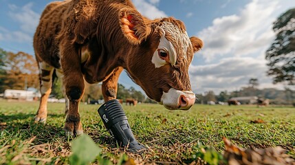 A Cow With a Sturdy Prosthetic Hoof Grazing in a Lush Field