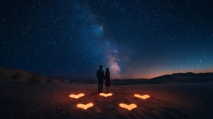 Fototapeta premium Desert Proposal Under Starry Skies with Heart Shaped Lights