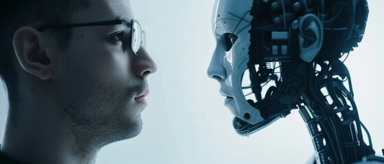 A man with glasses intently examines a robotic face in a futuristic environment, exploring the boundaries of human and machine.