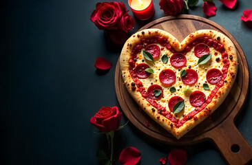 Valentines Day Heart-Shaped Pizza on Wooden Board and empty space