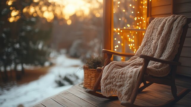 Rocking chair with knitted blanket on rustic porch