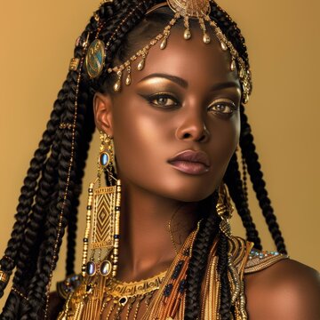 Queen Nefertiti, holding the ankh in her hand, wearing ancient Egyptian royal blue and gold with intricate designs, background is an open air temple	
