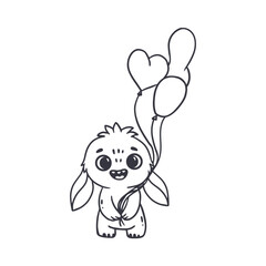 cute monster isolated on white background for coloring pages, magazines, cards. Alien, cartoon character. Monster with balloons. Sketch, doodle. Vector illustration