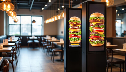 Modern fast food restaurant interior. Self service kiosks display burger menu. Dining area features tables, chairs. Bright, clean atmosphere. Efficient service design. Customers order food