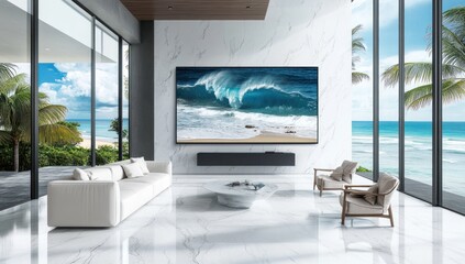 Ocean wave art displayed in modern living room with ocean view.