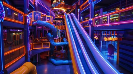 Vibrant Neon Indoor Playground with Slides and Tubes in a Futuristic Entertainment Center