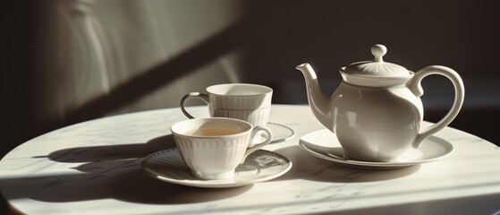 Fototapeta premium Afternoon light casts soft shadows over a simple tea setting on a marble table, evoking a sense of calm and timeless tradition.