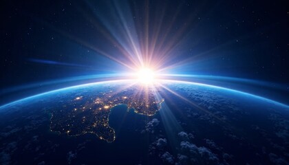 Obraz premium Stunning View of Earth from Space with Sun Rising Over Horizon