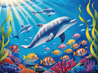 Obraz premium 3d Dolphin Coral Colorful Fish Under the Sea 