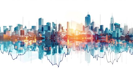 Fototapeta premium Modern Business Frame with City Skyline and Graphs on White Background - Perfect for Corporate, Financial, and Economic Themes