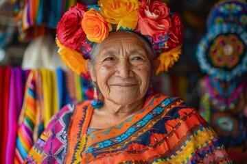 Fototapeta premium Elderly woman in colorful attire and floral headpiece, standing amid vibrant textiles. Concept of cultural pride and heritage. For culture promotions
