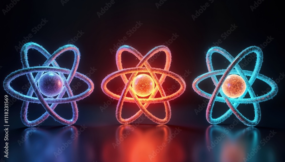 Poster Three glowing atom models show different energy concepts. Colorful atomic structures illustrate energy levels. Scientific illustration of particle energy. Modern representation of quantum physics