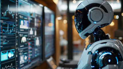 Fototapeta premium A humanoid robot observes multiple data screens in a modern technological environment during the evening hours