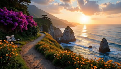Scenic coastal pathway with flowers at sunset and ocean waves