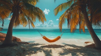 Naklejka premium A hammock tied between two towering coconut trees, gently swaying in the wind, with the backdrop of a pristine beach, turquoise waters, and a clear blue sky dotted with a few fluffy clouds