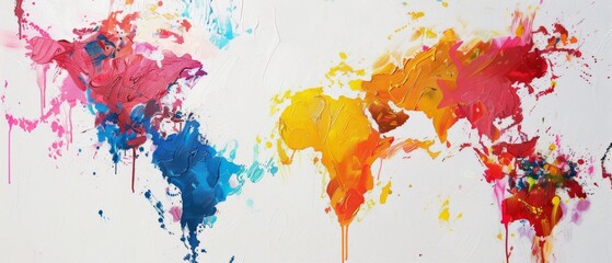 Obraz premium Vivid map of the world painted with abstract colorful splashes on a white canvas, symbolizing global unity and diversity.