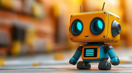 Adorable Yellow Boxy Robot with Blue Lights in a Vibrant Urban Setting