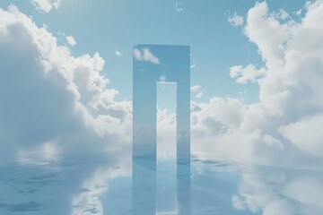 Reflective gateway against serene blue skies
