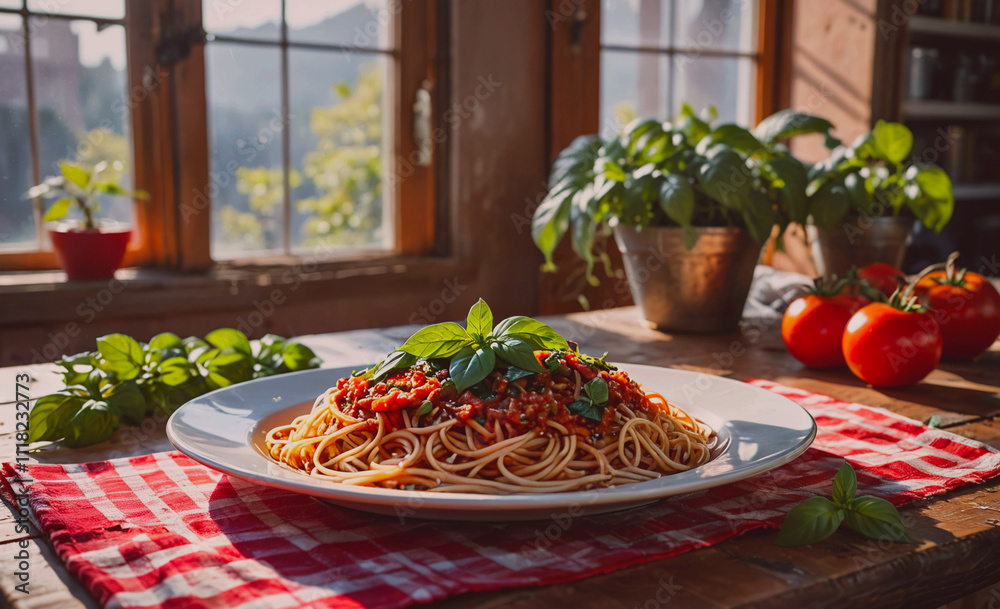 Aufkleber Plate of spaghetti with meat sauce and basil on top. There are also tomatoes and basil on the table