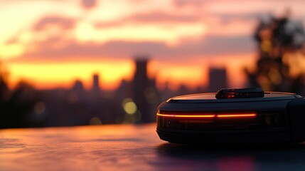 A sleek device with a glowing orange light sits on a surface, silhouetted against a vibrant sunset, showcasing a modern urban landscape.