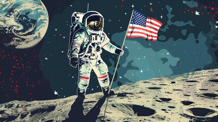 An astronaut planting the American flag on the moon, with the Earth visible in the background, capturing the excitement and achievement of space exploration.