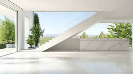 Fototapeta premium Modern Minimalist Interior With Marble Wall And Staircase, Abundant Sunlight From Large Window
