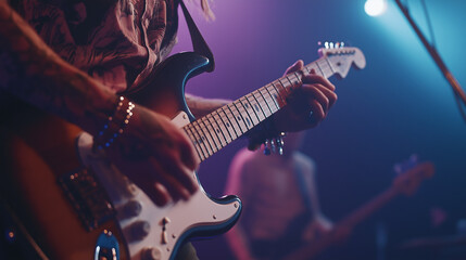 Obraz premium Electric Guitar Performance on Stage with Vibrant Concert Lighting