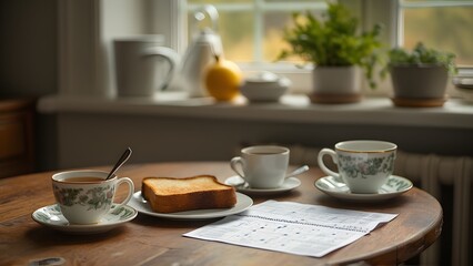 Fototapeta premium Breakfast in the kitchen with a cup of coffee and a puzzle book generated by AI