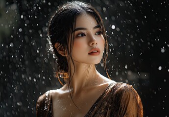 Obraz premium A beautiful Thai woman in a brown dress standing under the rain