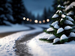 A snowy landscape features a decorated Christmas tree, with a winding path and soft glowing lights in the background, creating a serene winter atmosphere.